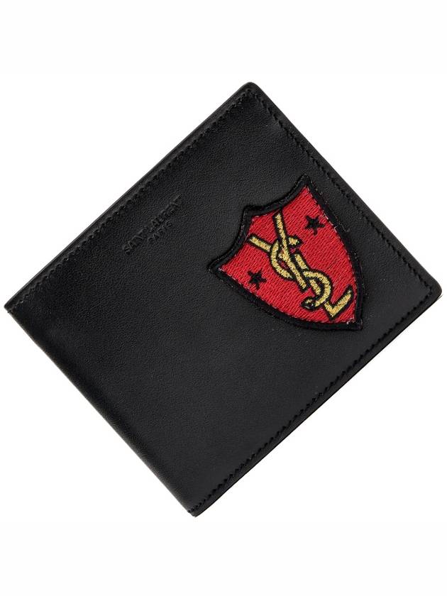 Luxury Saint Laurent Trending 2025 Embroidery Shield Logo Half Wallet Black