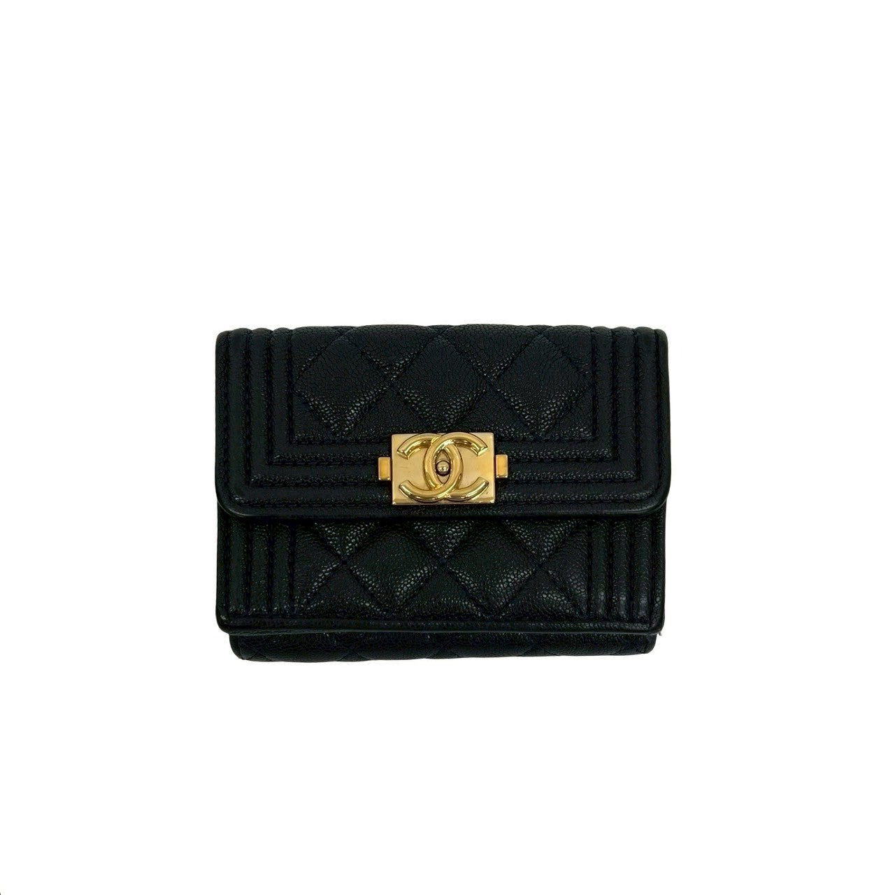 CHANEL Tri-fold wallet Matt caviar skin Navy Matrasse Boy chanel