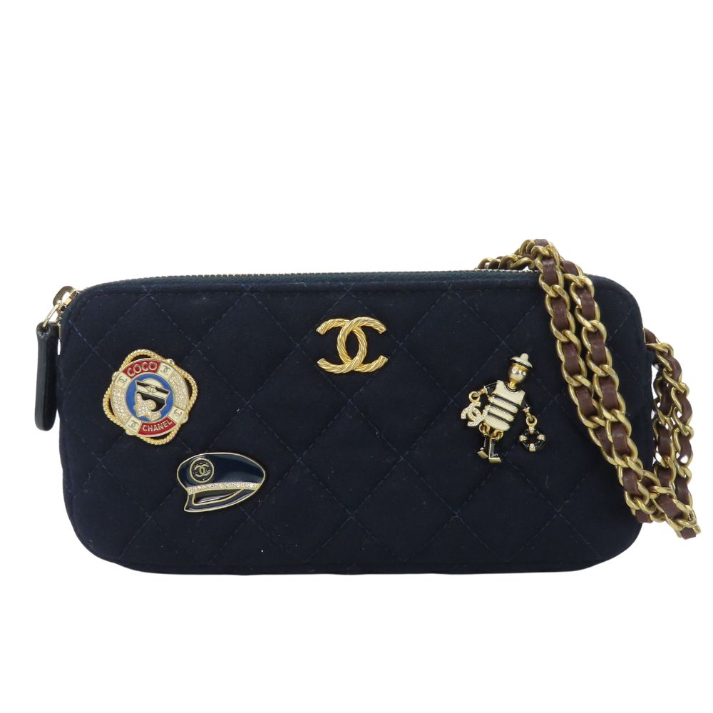 CHANEL Shoulder Bag Cotton, Leather Navy Marin Women