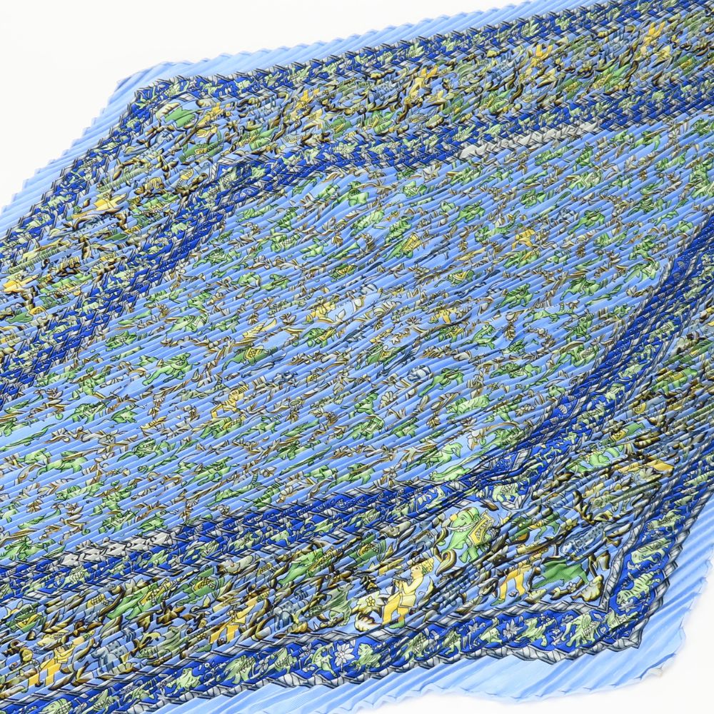 HERMES scarf silk Blue type Indian hunting PleatedCarre90 Women