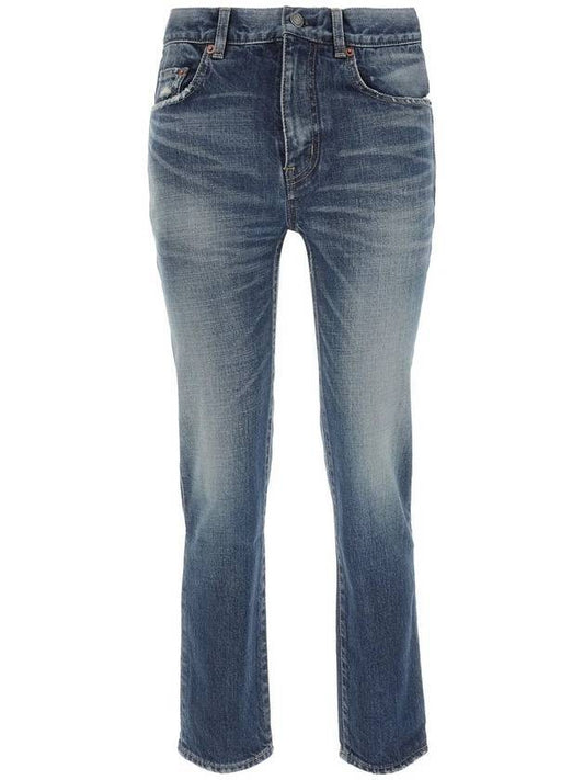 Luxury Saint Laurent Trending 2025 Logo Patch High Waist Jeans Blue