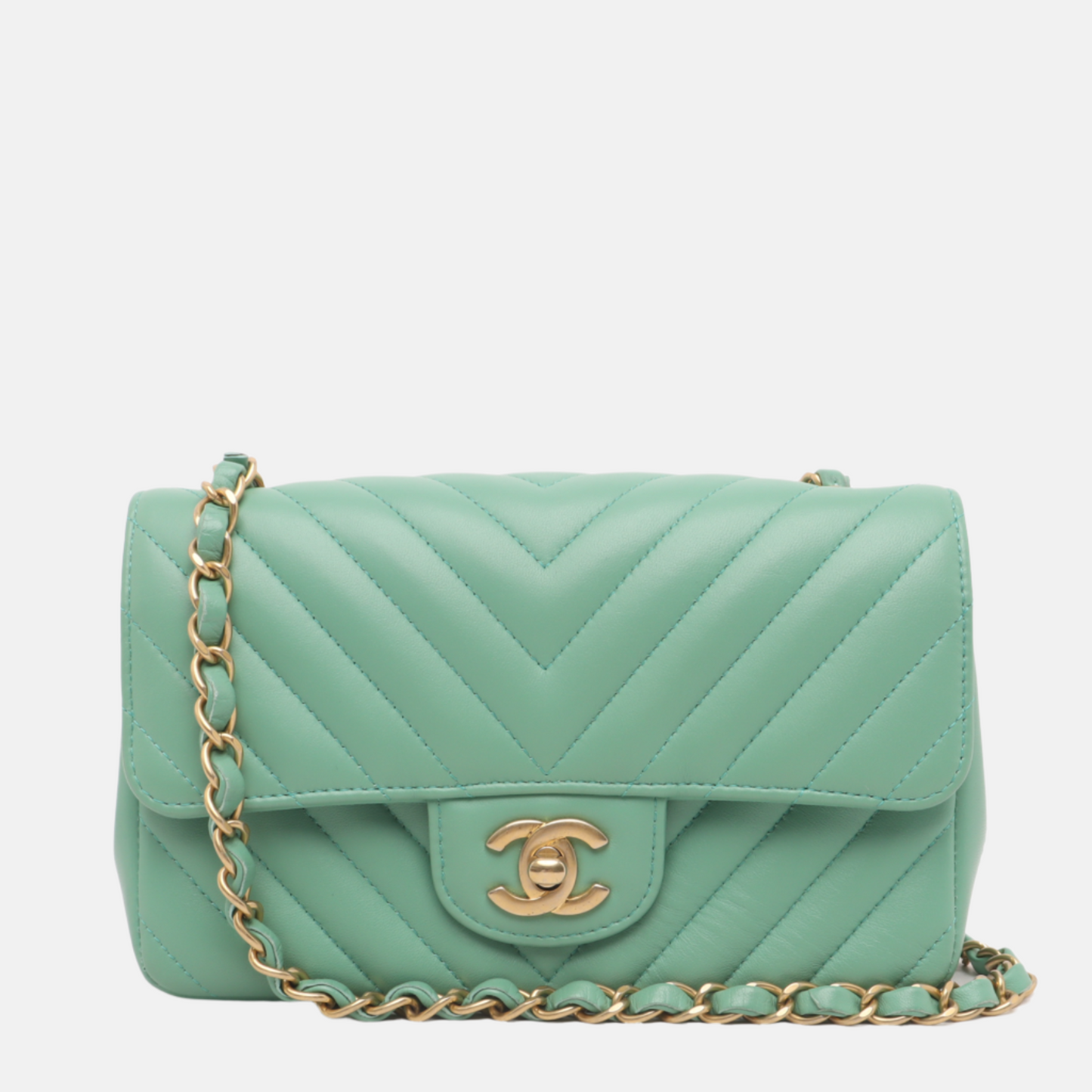 Chanel Classic Flap Mini Chevron Green Lambskin Leather Gold Hardware, 2018-2019