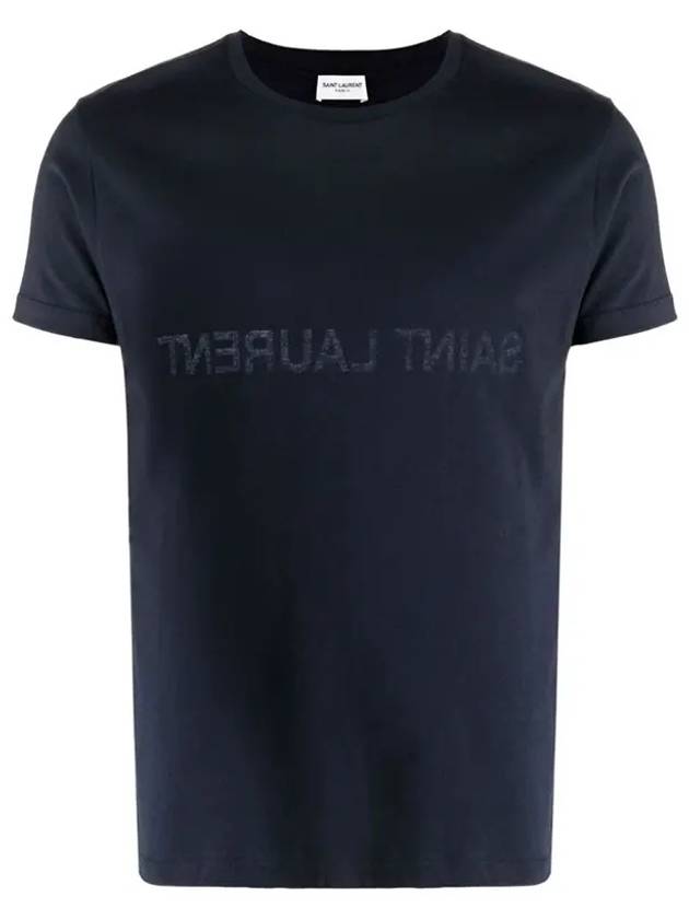 Luxury Saint Laurent Trending 2025 Reverse Logo T-Shirt Navy Blue
