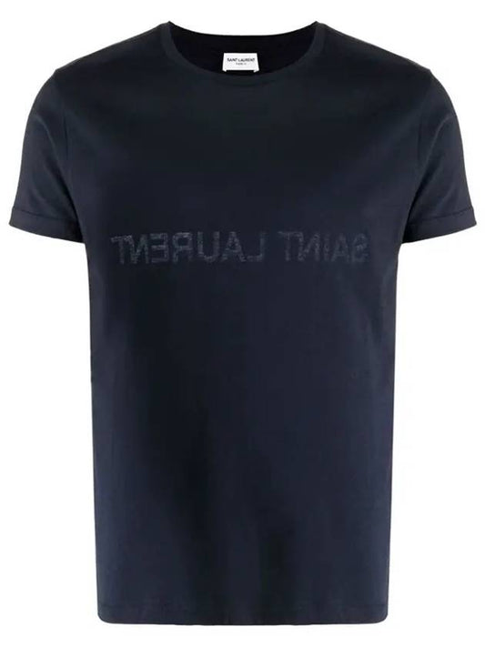 Luxury Saint Laurent Trending 2025 Reverse Logo T-Shirt Navy Blue
