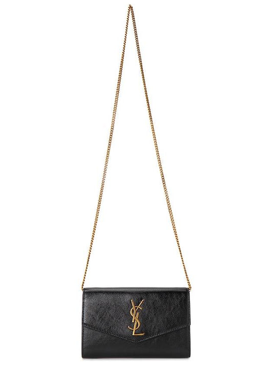 Luxury Saint Laurent Trending 2025 Uptown Shiny Grained Leather Chain Wallet Black