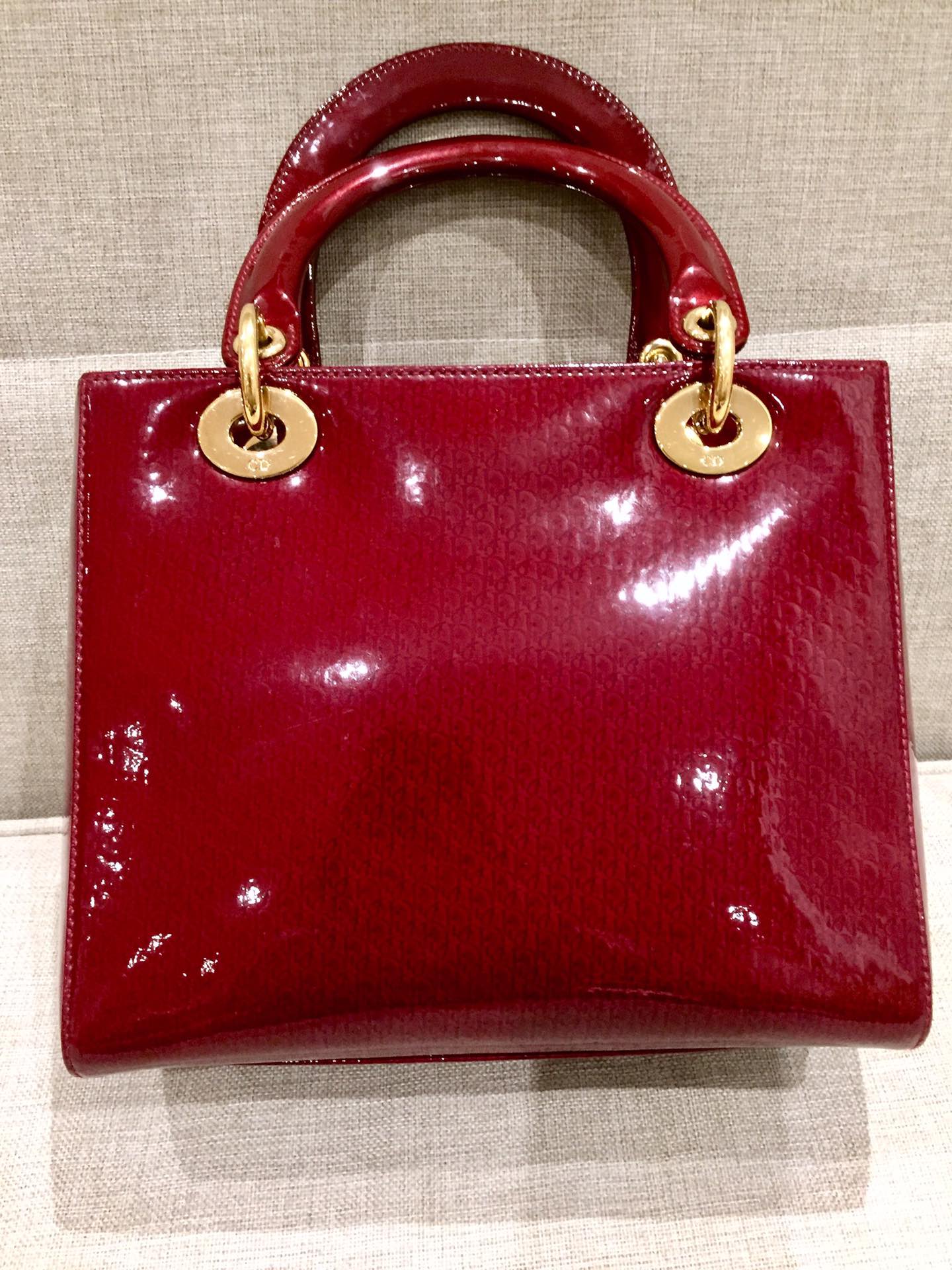 Lady Dior Vintage Medium Red Patent Leather Monogram Embossed Handbag Gold Hardware