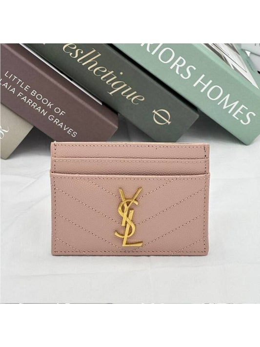 Luxury Saint Laurent Trending 2025 Gold Hardware Matelasse Caviar Leather Card Wallet Pale Pink