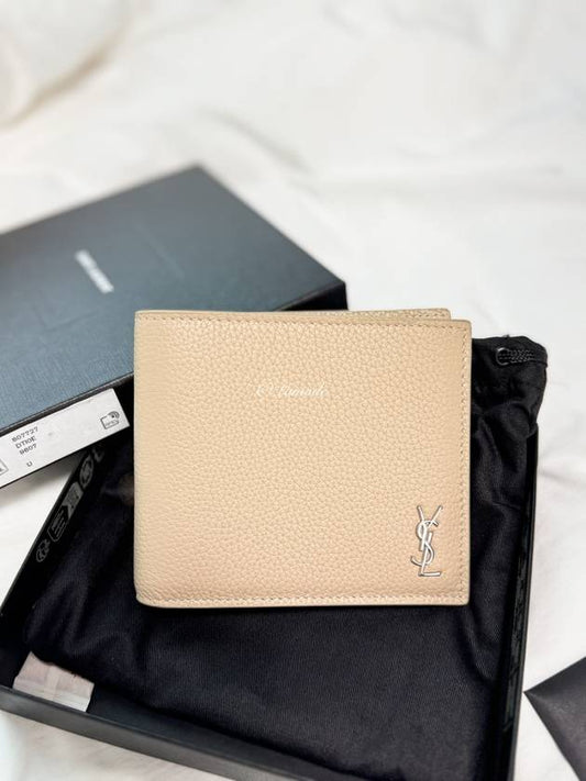 Luxury Saint Laurent Trending 2025 Tiny Cassandre Logo Plaque Half Wallet Beige