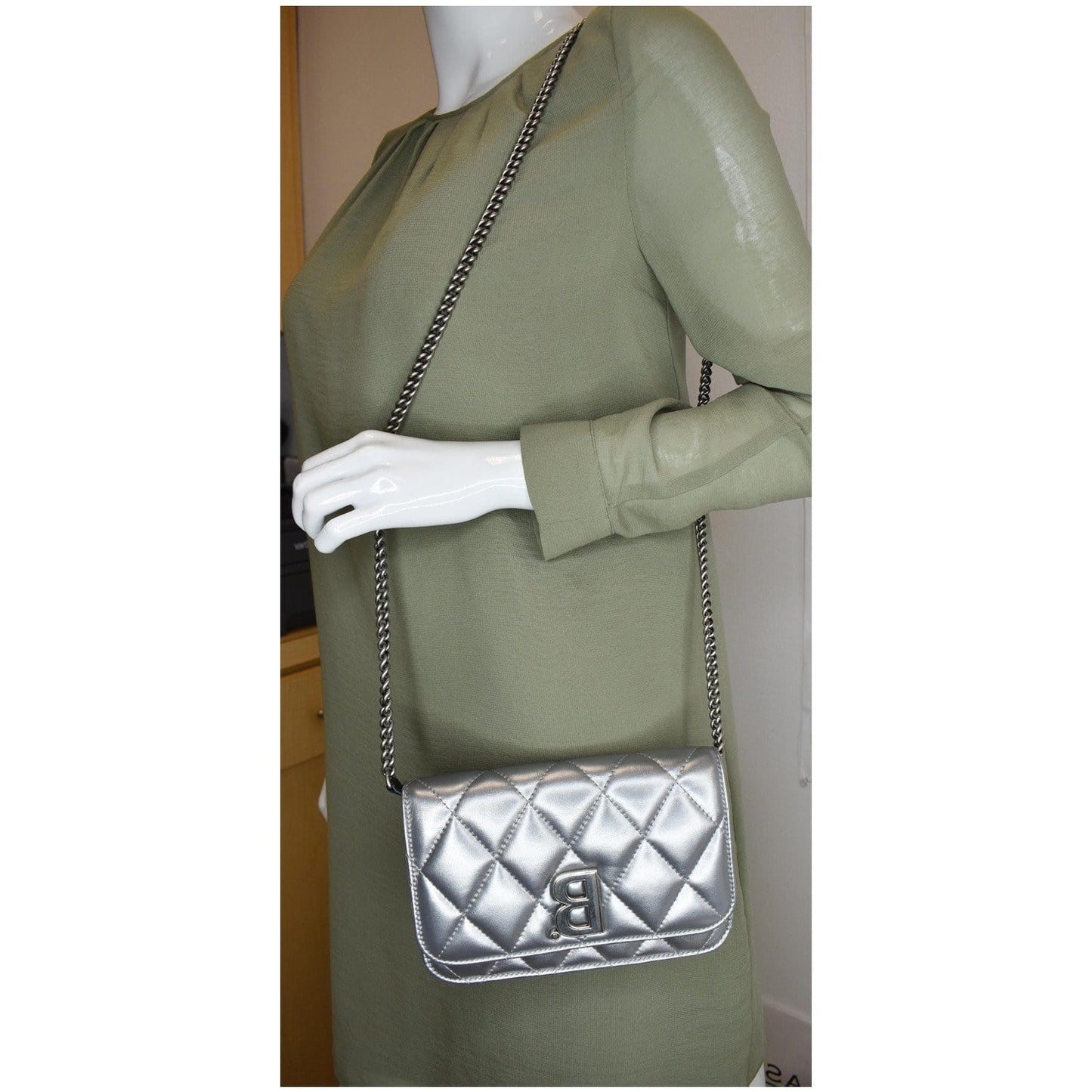 BALENCIAGA B Quilted Leather Wallet On Chain Crossbody Bag Silver - Last Call