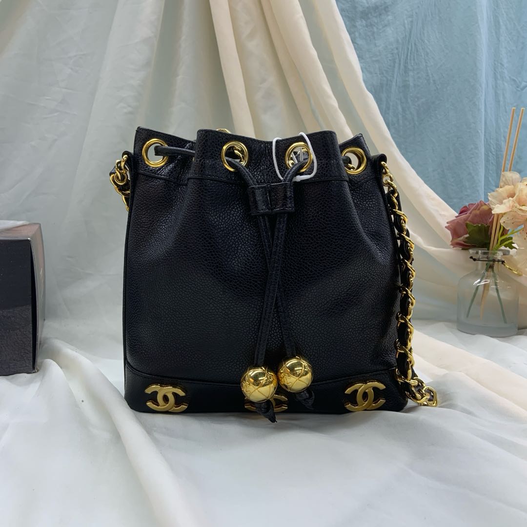 Chanel Vintage Mini Bucket Bag Black Caviar Leather Gold Logo, 1996-1997