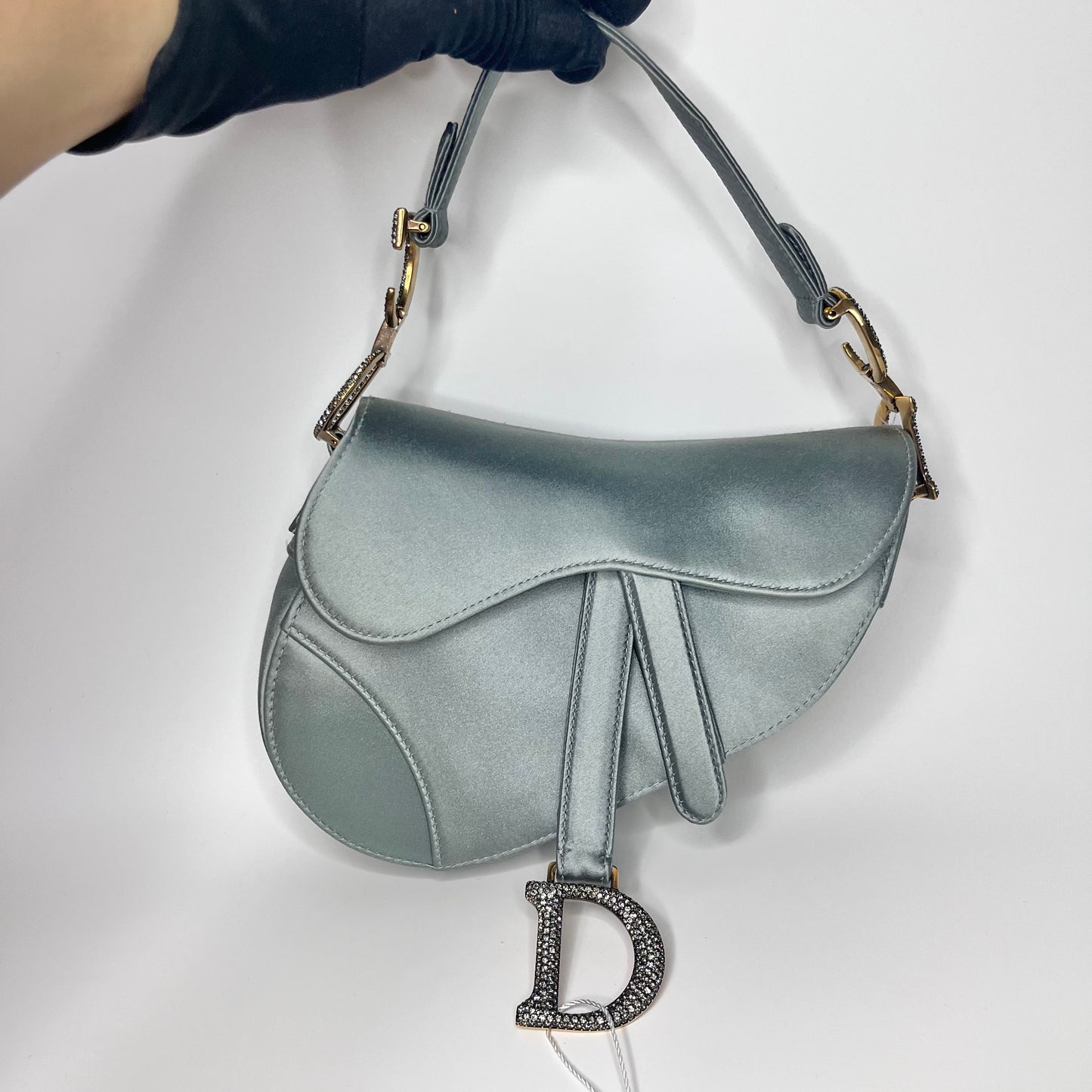 Dior Saddle Mini Silk Greyish Blue with crystals