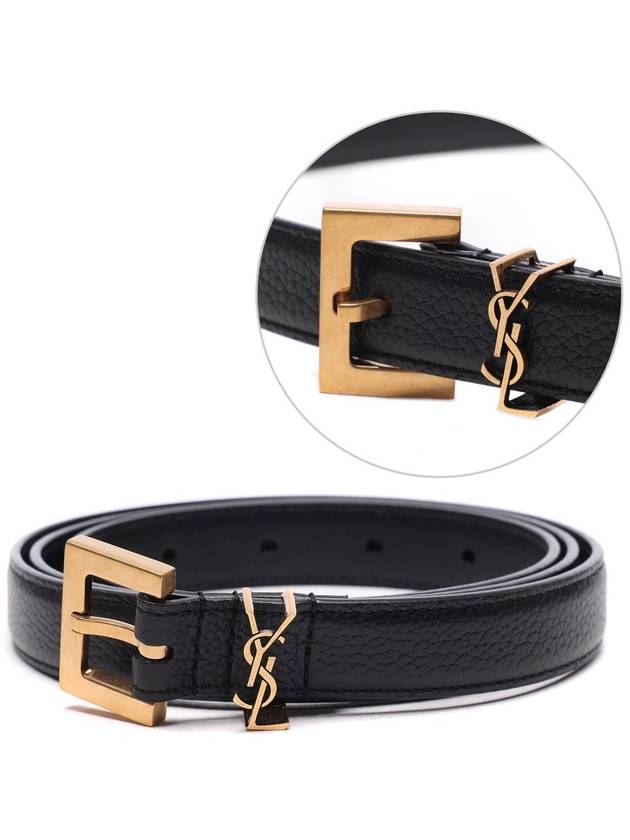Luxury Saint Laurent Trending 2025 Cassandre Grained Leather Square Buckle Thin Belt Black