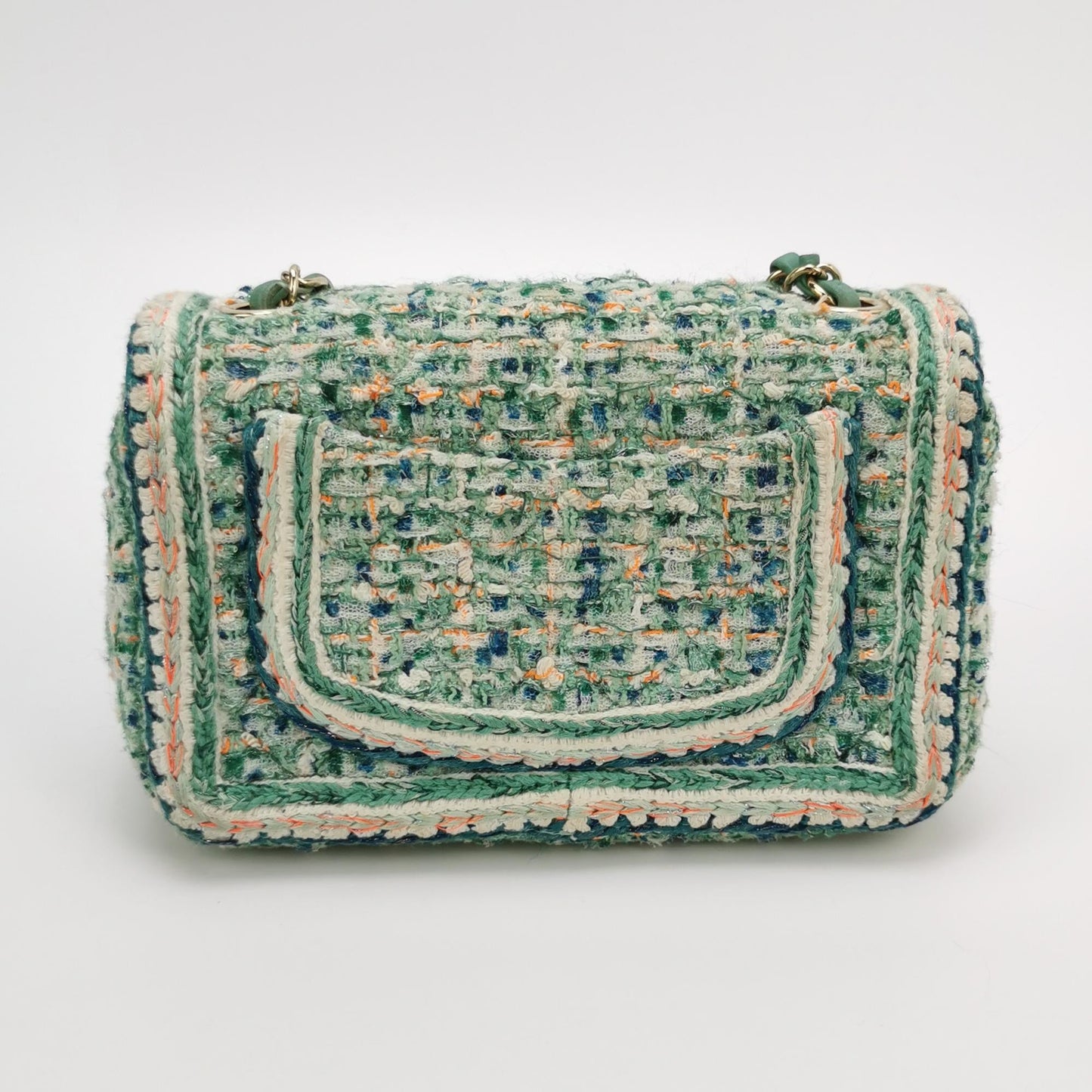 Chanel Classic Flap Mini Rectangular Tweed Green Multicolor Gold Hardware 2018-19
