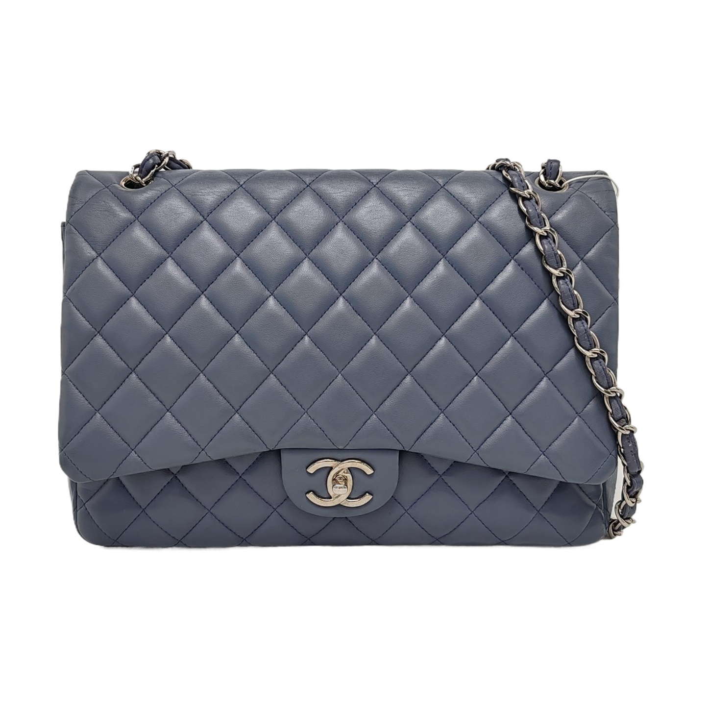 Chanel Classic Flap Maxi Misty Blue Lambskin Leather Double Flap with Silver-tone Hardware