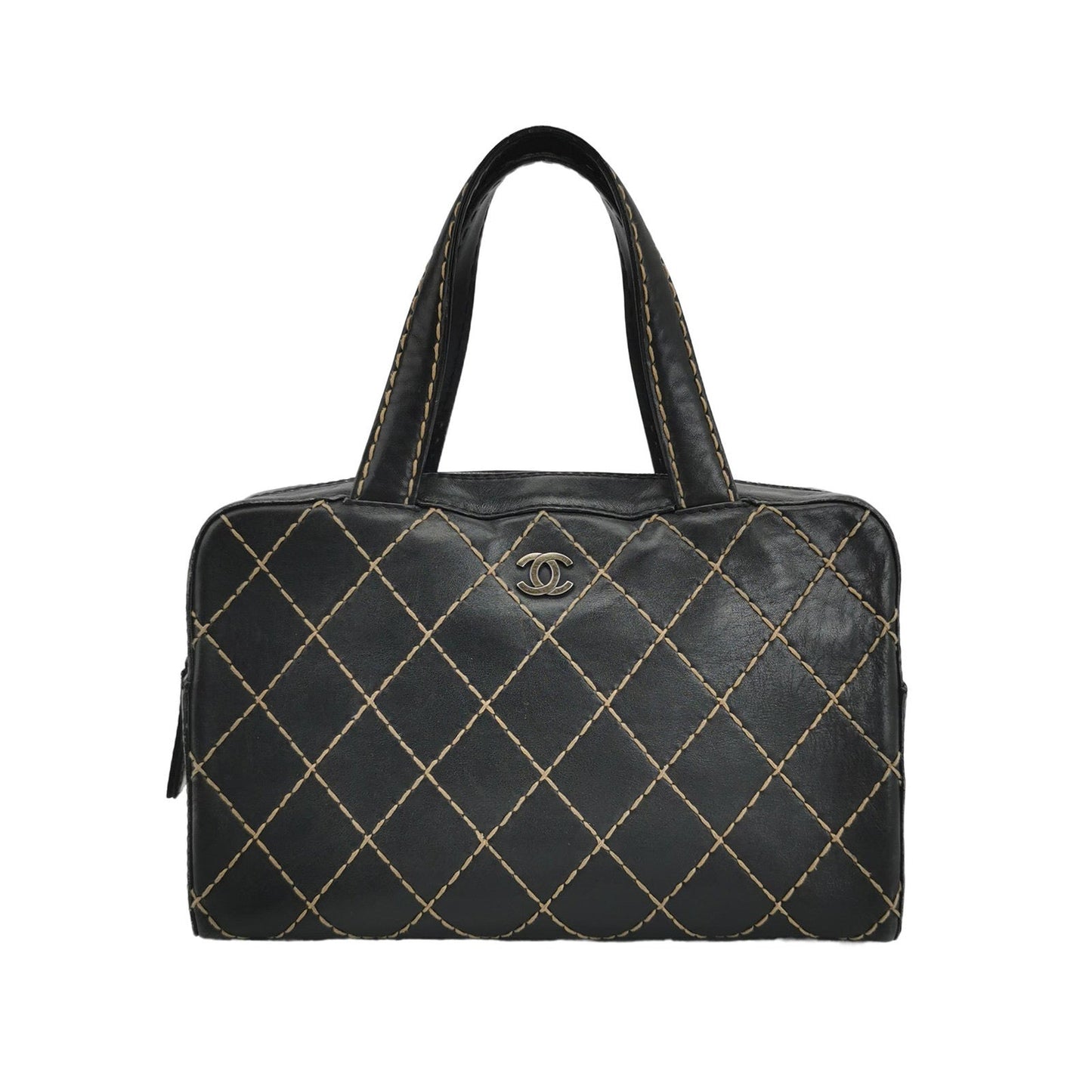 Chanel Surpique Zip Around Satchel Black Quilted Wild Stitch Leather Large