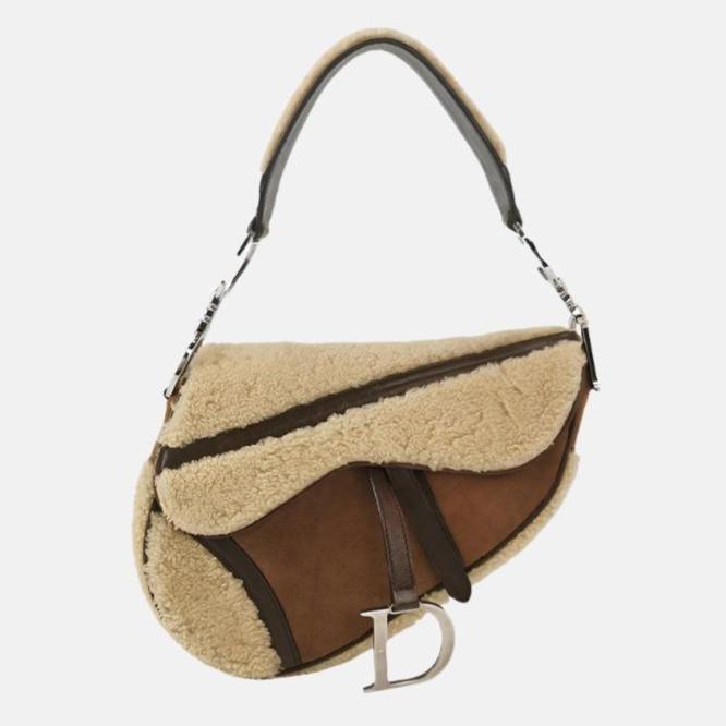 Dior Saddle Vintage Shoulder Bag Shearling Brown and While