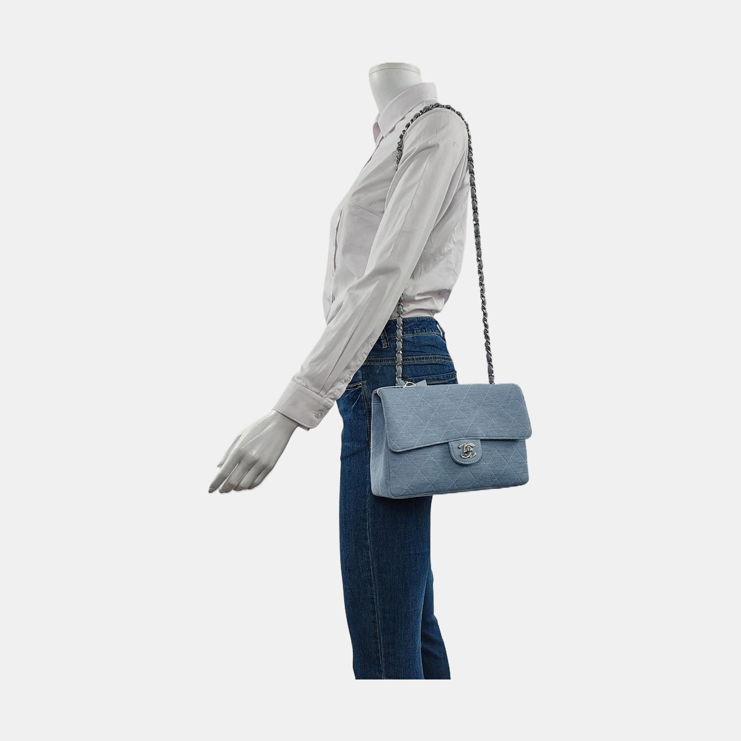 Chanel Classic Flap Medium Vintage Sky Blue Cotton Fabric Silver Hardware Single Flap 1997-1999