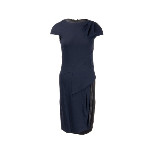 Chanel Size 34 Draped Satin Midi Dress Rayon / Wool Navy/Black
