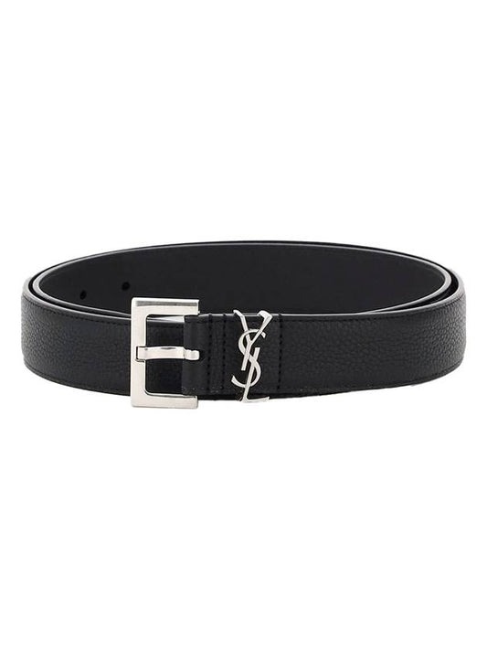 Luxury Saint Laurent Trending 2025 Grained Leather Silver Monogram Belt Black