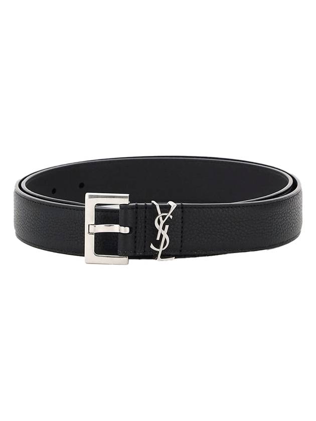 Luxury Saint Laurent Trending 2025 Grained Leather Silver Monogram Belt Black