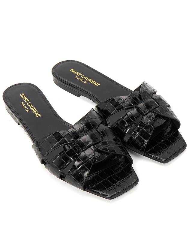 Luxury Saint Laurent Trending 2025 Tribute Crocodile Embossed Shiny Leather Mules Black