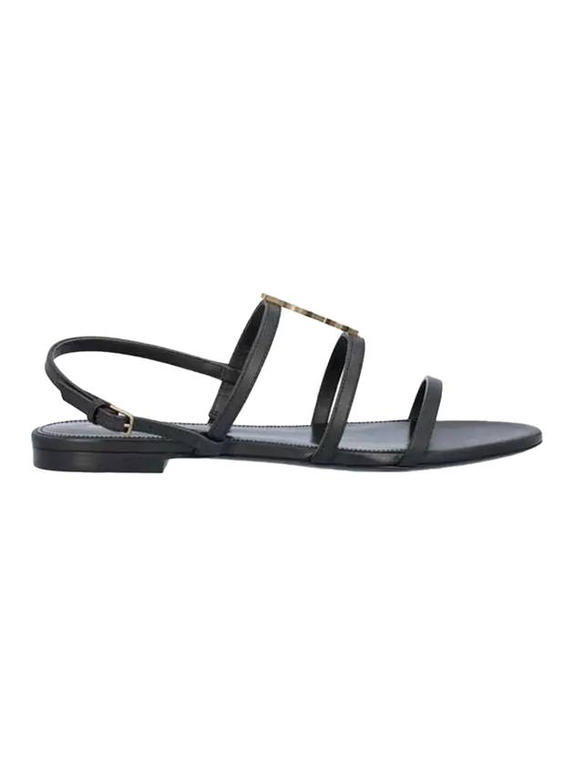 Luxury Saint Laurent Trending 2025 Women's Smooth Leather Gold Tone Monogram Detail Cassandra Flat Sandals Black