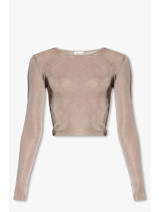 Luxury Saint Laurent Trending 2025 Rib Detail Viscose Crop Long Sleeve T-Shirt Pink