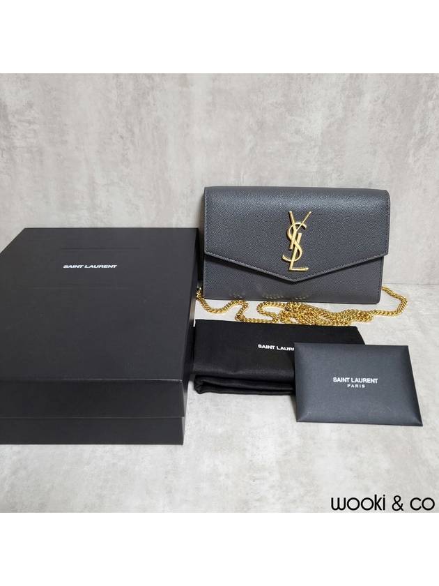 Luxury Saint Laurent Trending 2025 Monogram Uptown Chain Embossed Leather Long Wallet Storm Gold