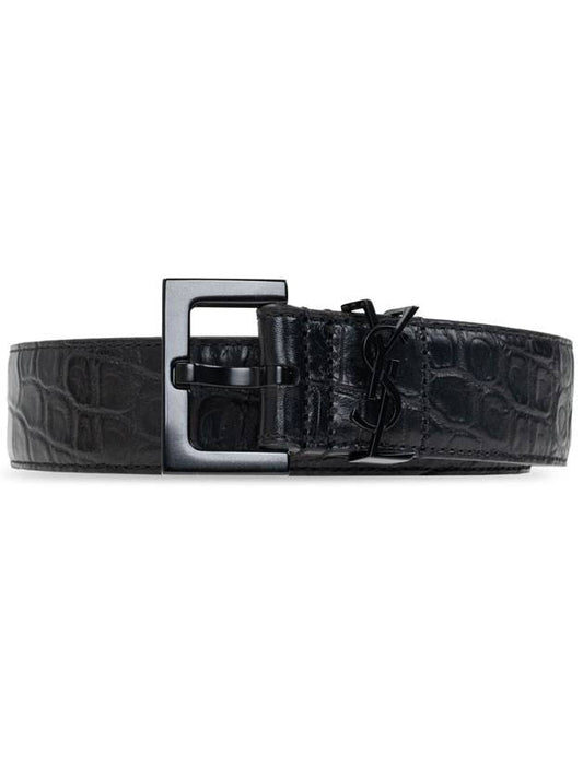Luxury Saint Laurent Trending 2025 Monogram Crocodile Embossed Leather Belt Black