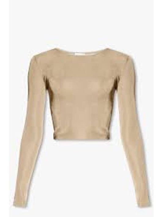 Luxury Saint Laurent Trending 2025 Rib Detail Viscose Crop Long Sleeve T-Shirt Beige