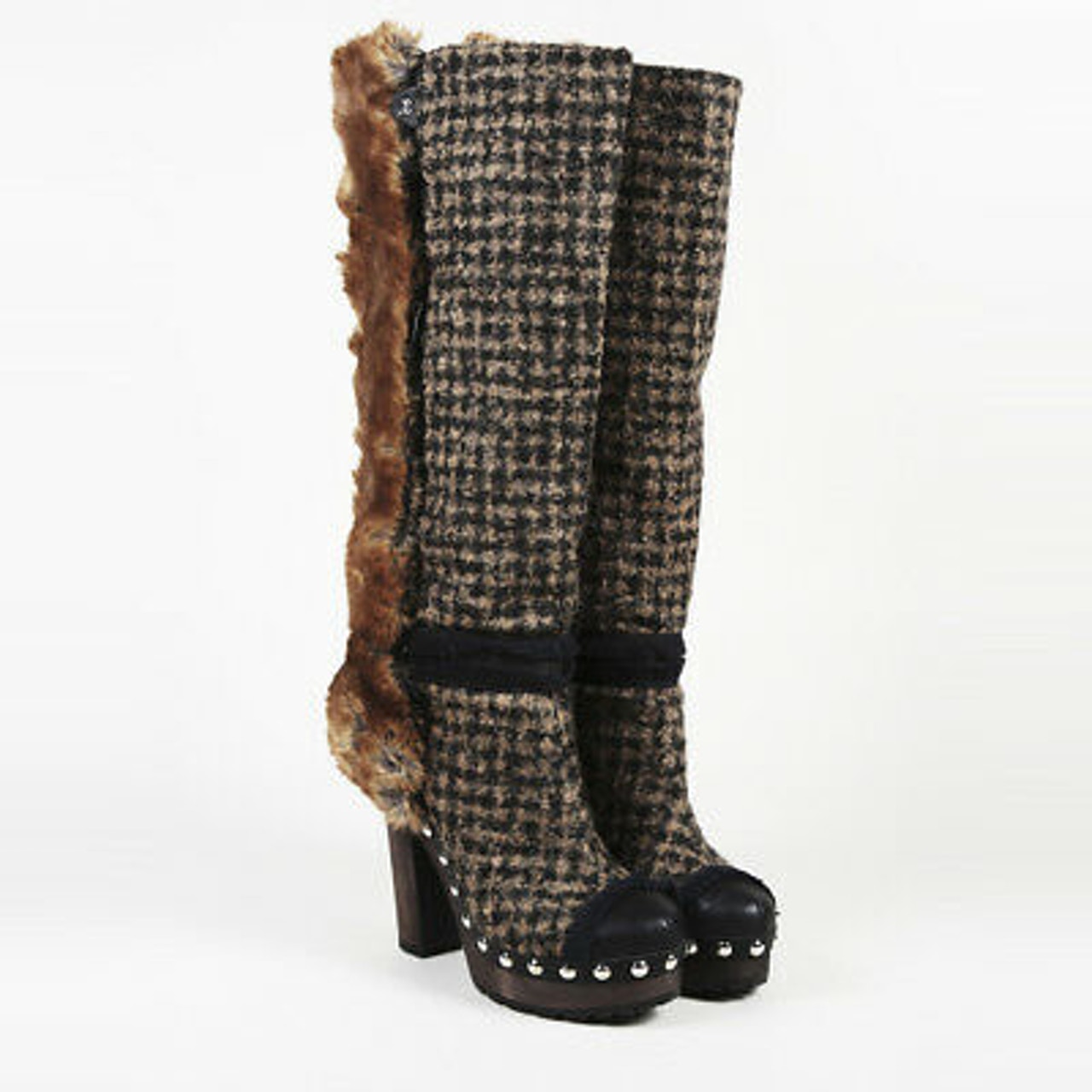 CHANEL FANTASY RABBIT FUR TWEED  BOOTS
