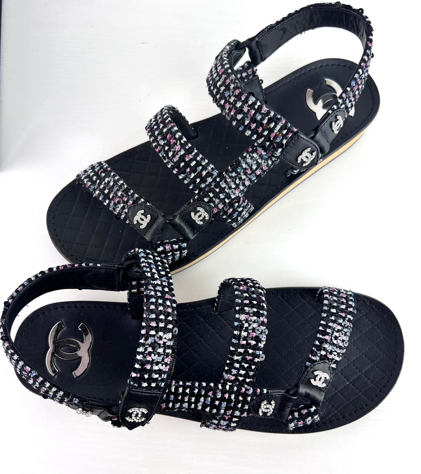 Chanel Tweed Lambskin Crystal CC Sandals Black Multicolor