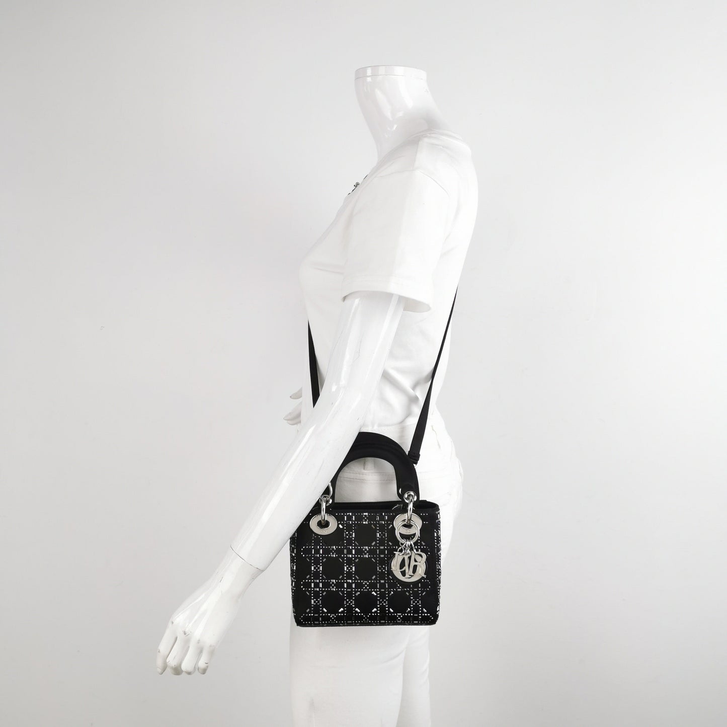 Lady Dior Mini Black Silk with Crystals Silver Hardware