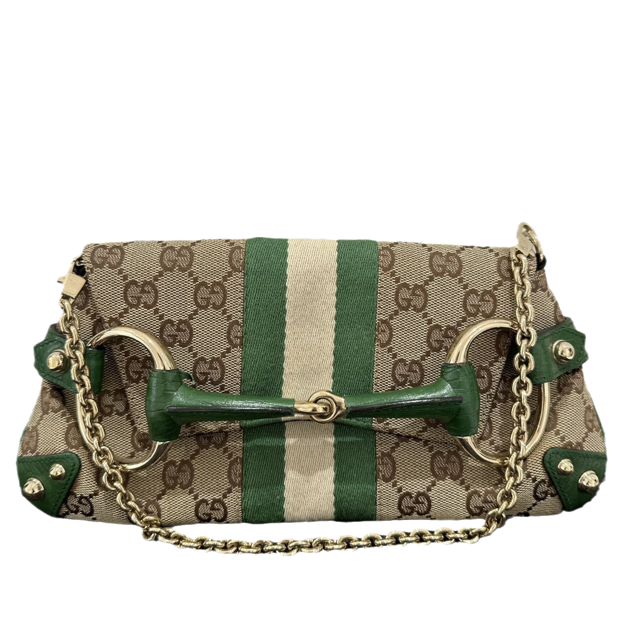 Iconic Gucci Horsebit 1955 Chain Cloth Gucci Monogram Green Leather and Gold Studs