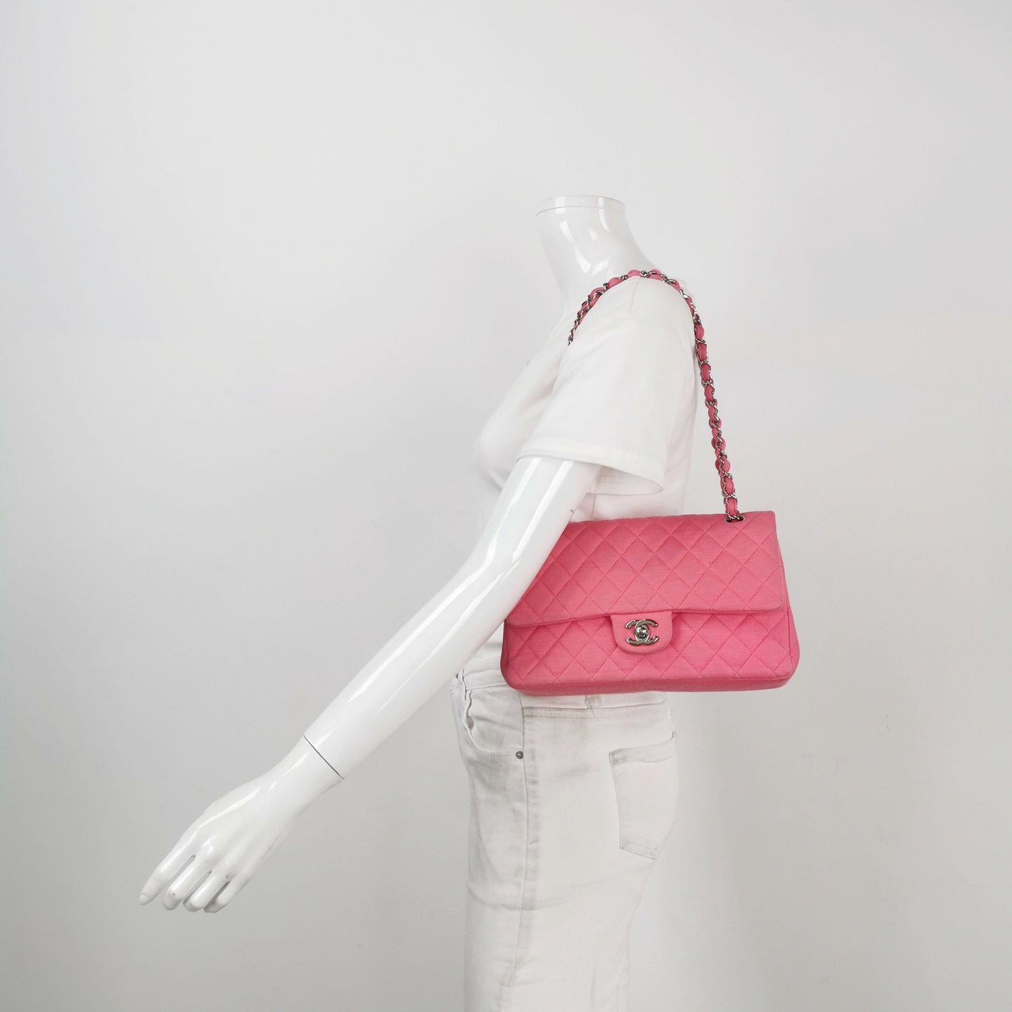 Chanel Classic Flap Medium Double Flap Pink Cotton Fabric Silver Hardware