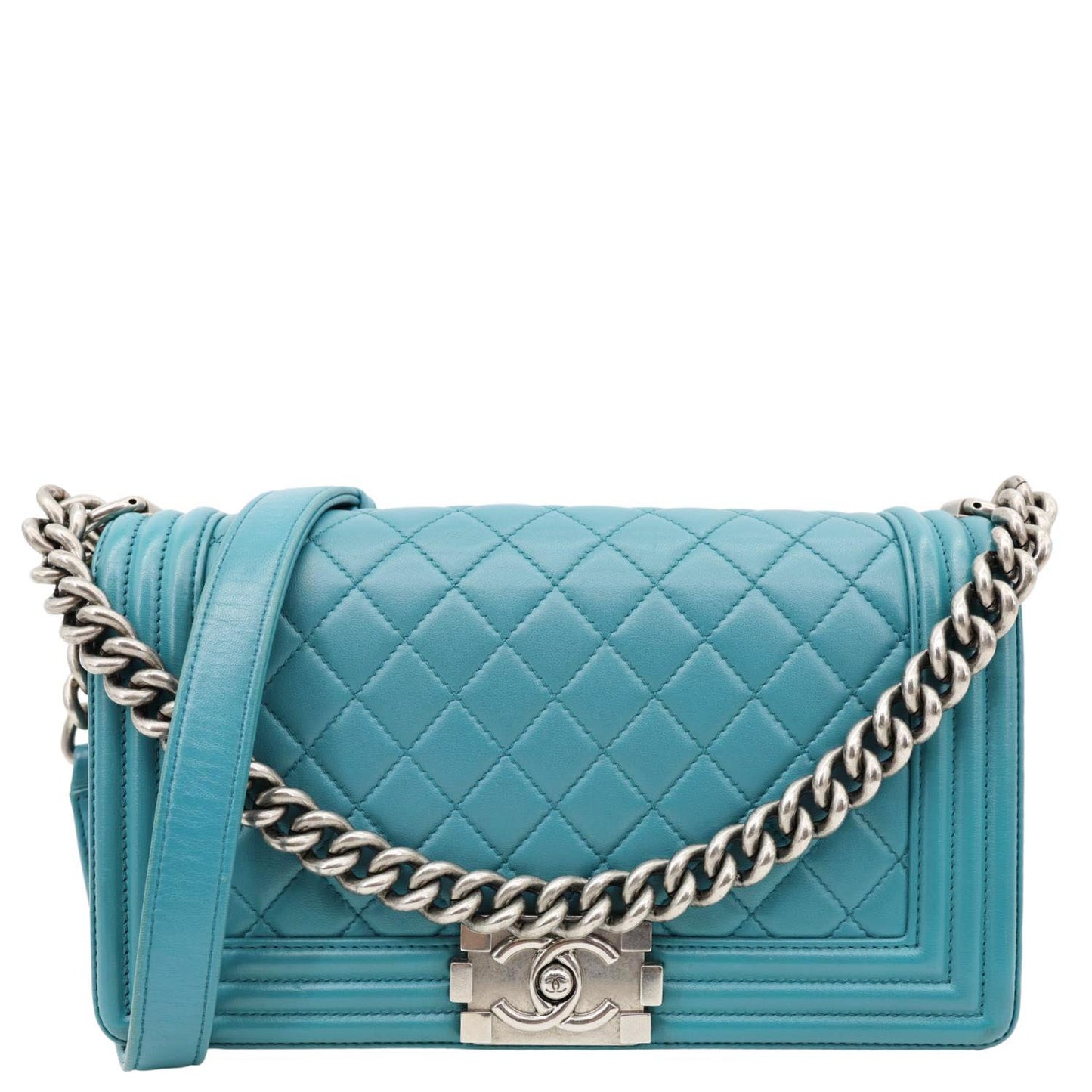 CHANEL Boy Flap Medium Quilted Leather Crossbody Bag Teal