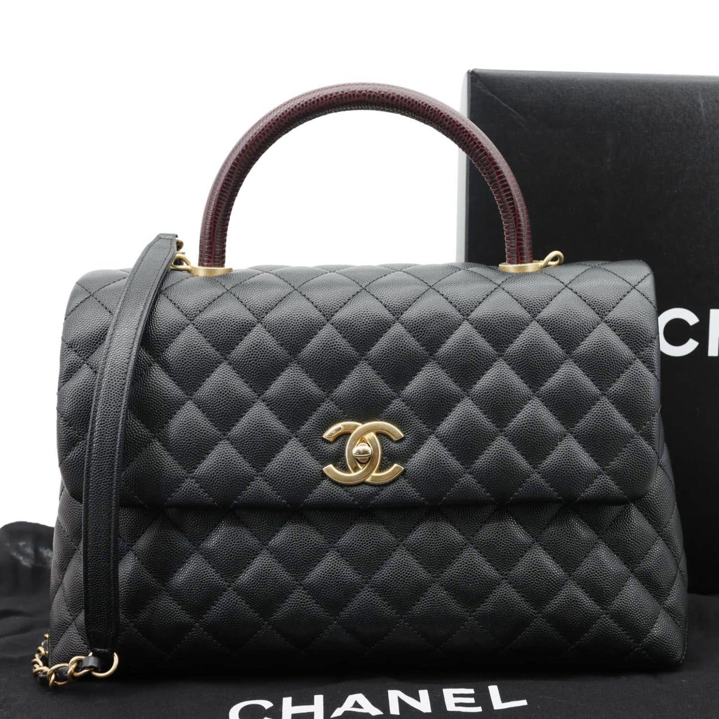 CHANEL Coco Large Quilted Caviar Lizard Handle Shoulder Bag Black