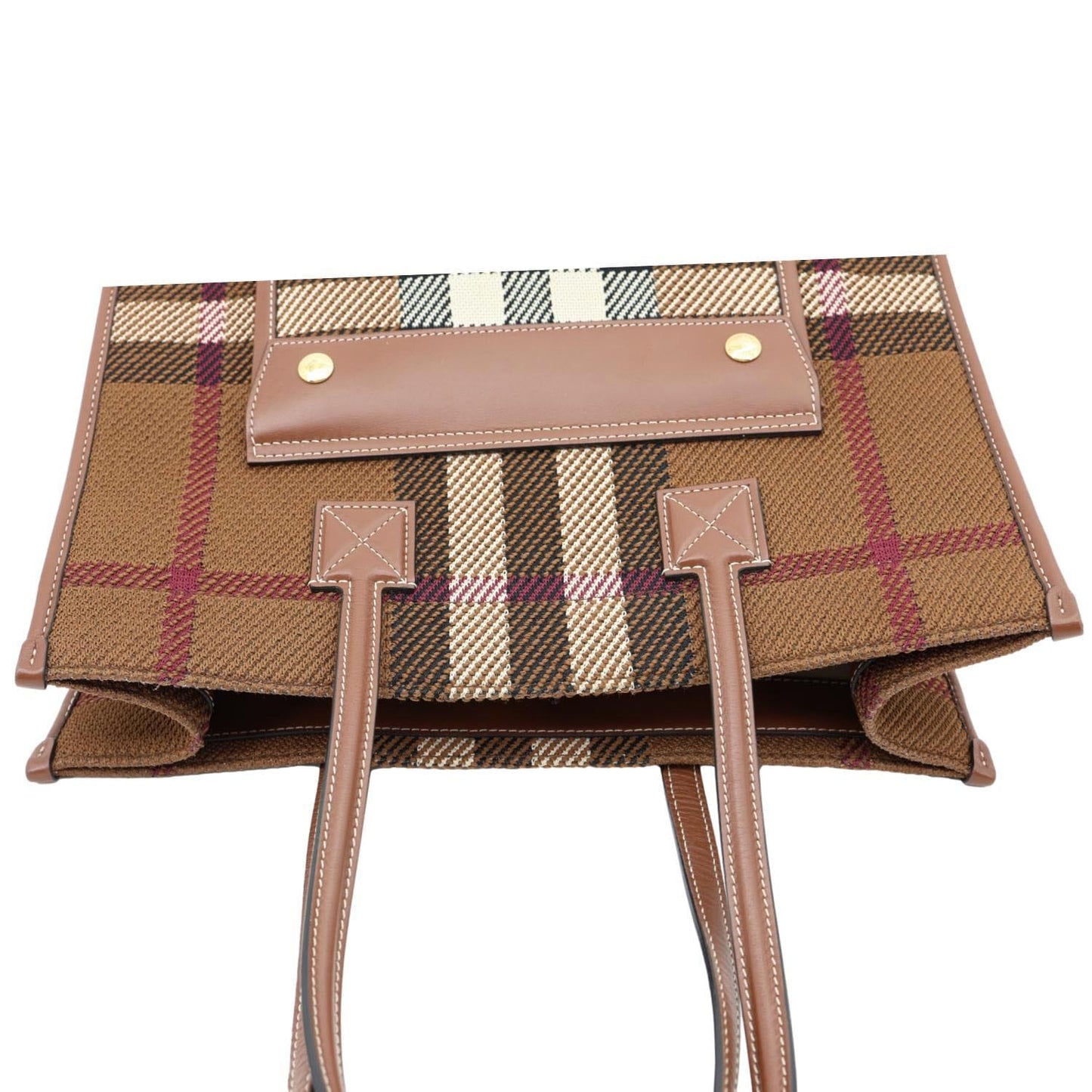 BURBERRY Freya Small Knitted Check Canvas Tote Bag Brown
