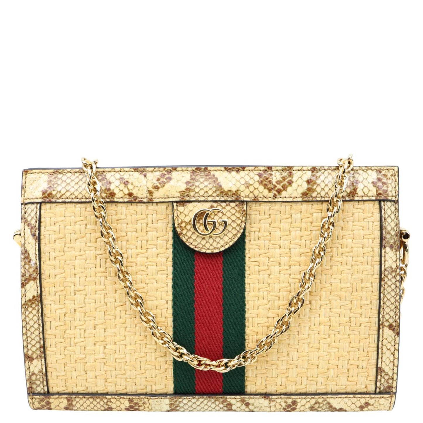 GUCCI Ophidia Small Raffia Elaphe Chain Shoulder Bag Beige 503877