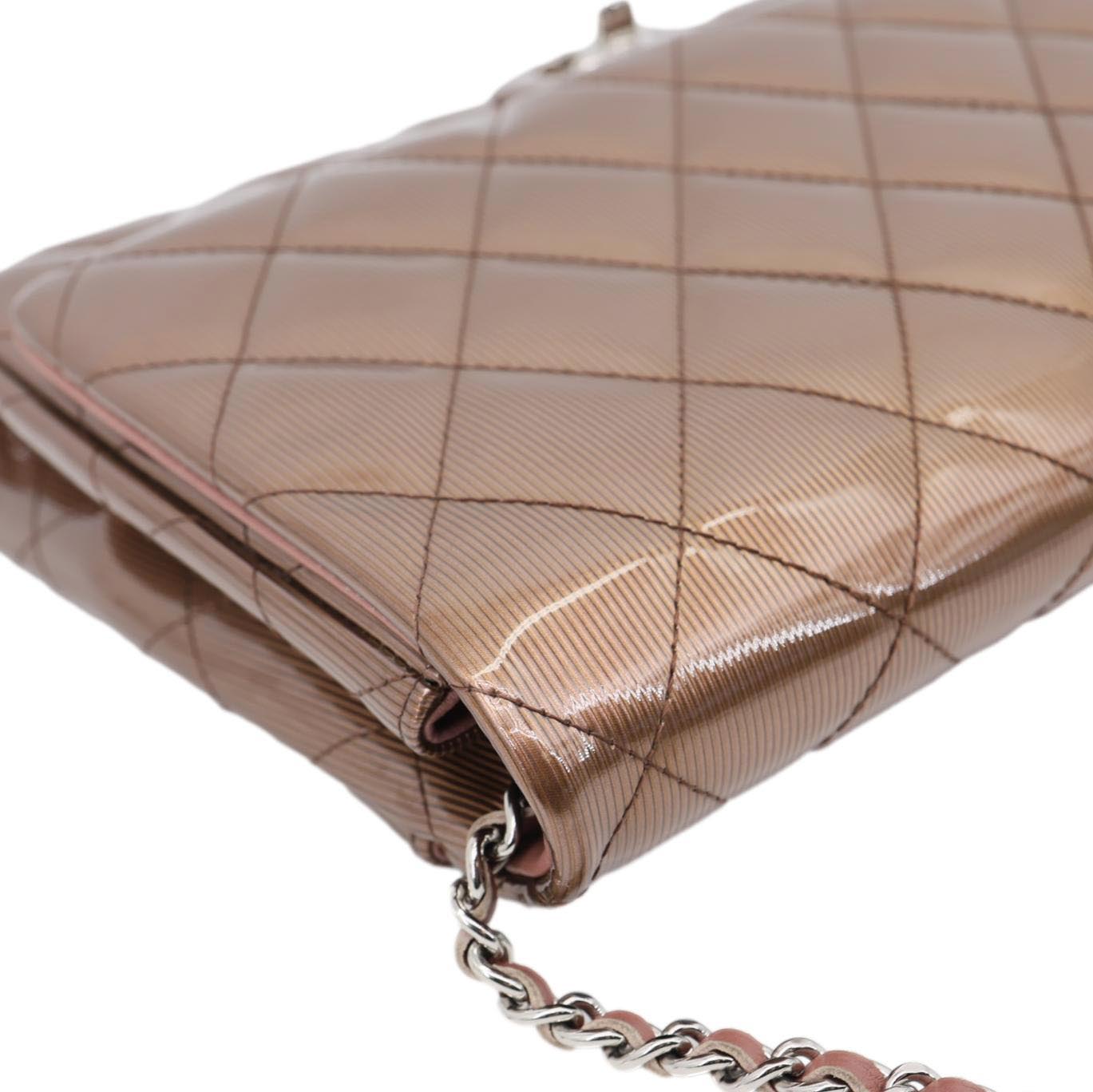 CHANEL Classic Flap Quilted Striated Patent Leather Shoulder Bag Bronze