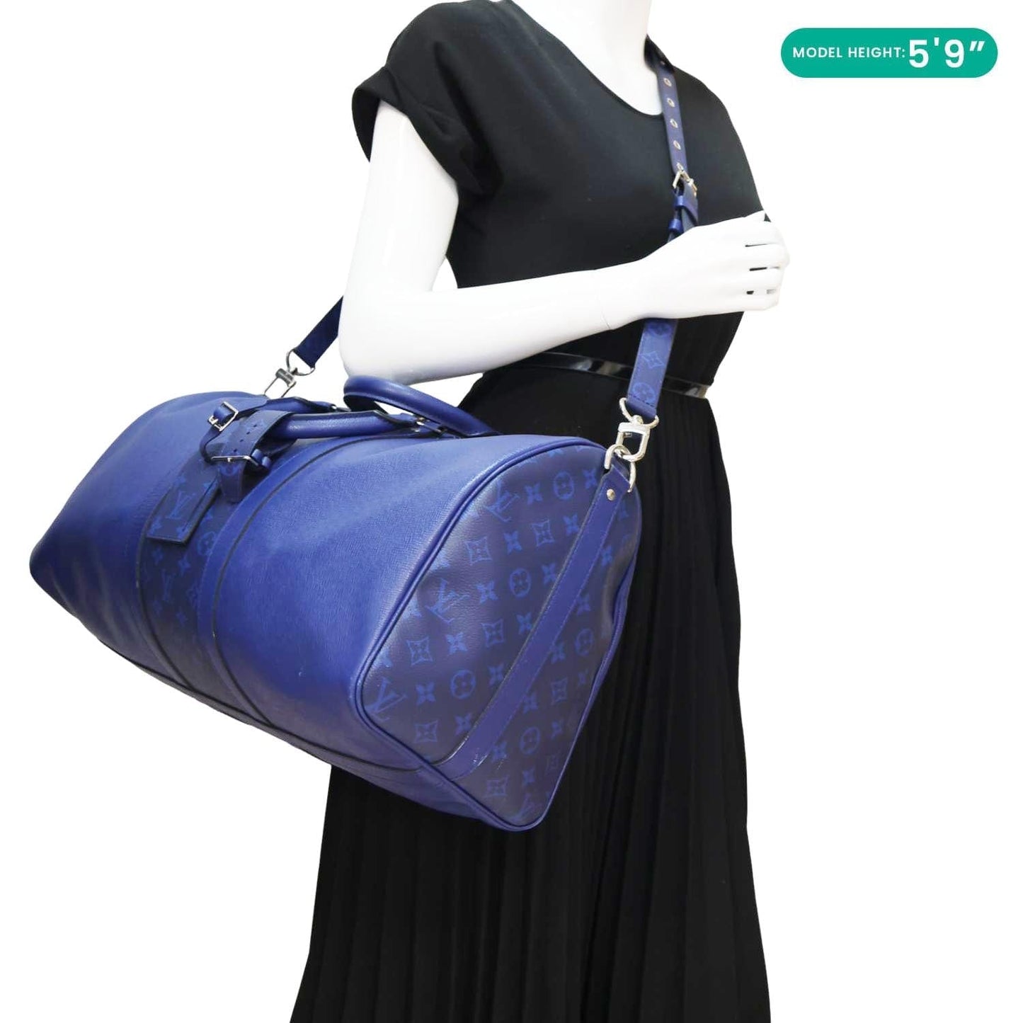LOUIS VUITTON Keepall 50 Bandouliere Monogram Taiga Leather Travel Bag Blue