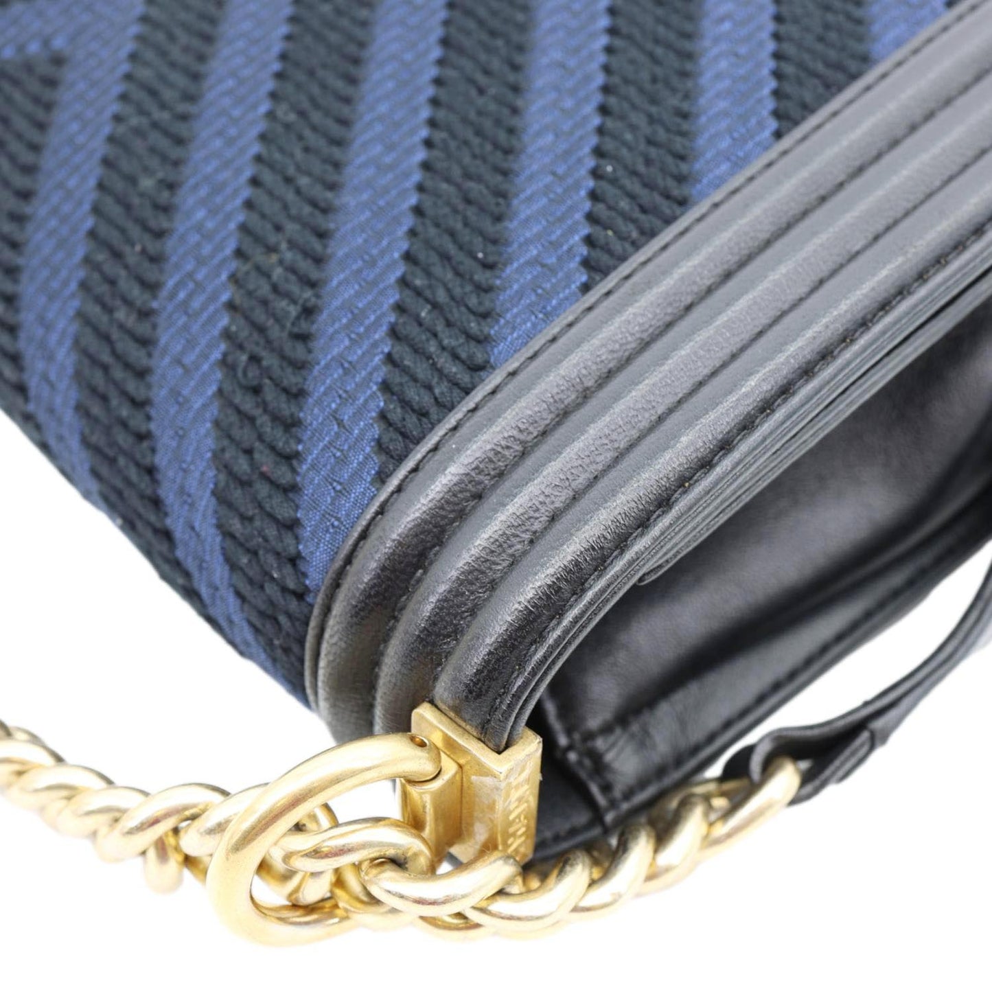CHANEL Boy Old Medium Braided Chevron Cording Leather Crossbody Bag Navy Blue