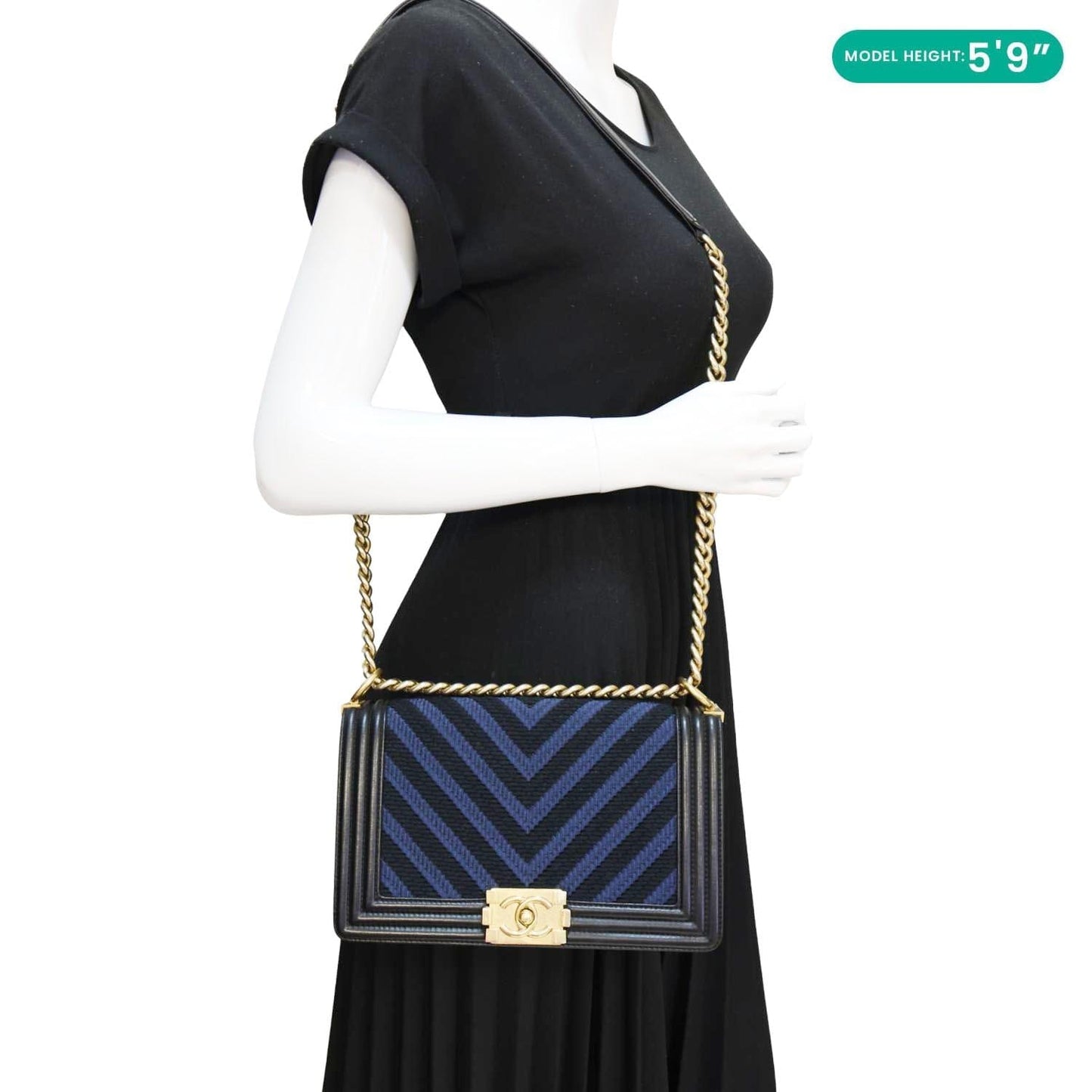 CHANEL Boy Old Medium Braided Chevron Cording Leather Crossbody Bag Navy Blue