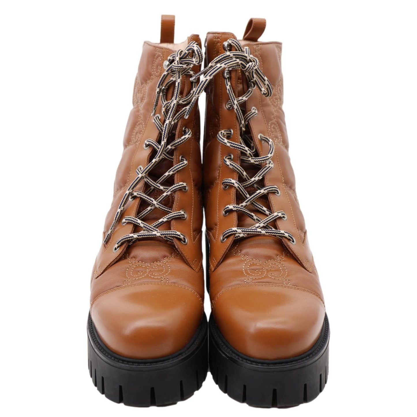GUCCI Lace Up 60mm GG Matelasse Lux Nappa Leather Combat Boots Dark Brown 718386