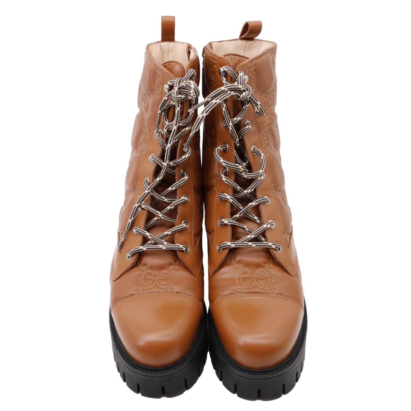 GUCCI Lace Up 60mm GG Matelasse Lux Nappa Leather Combat Boots Dark Brown 718386