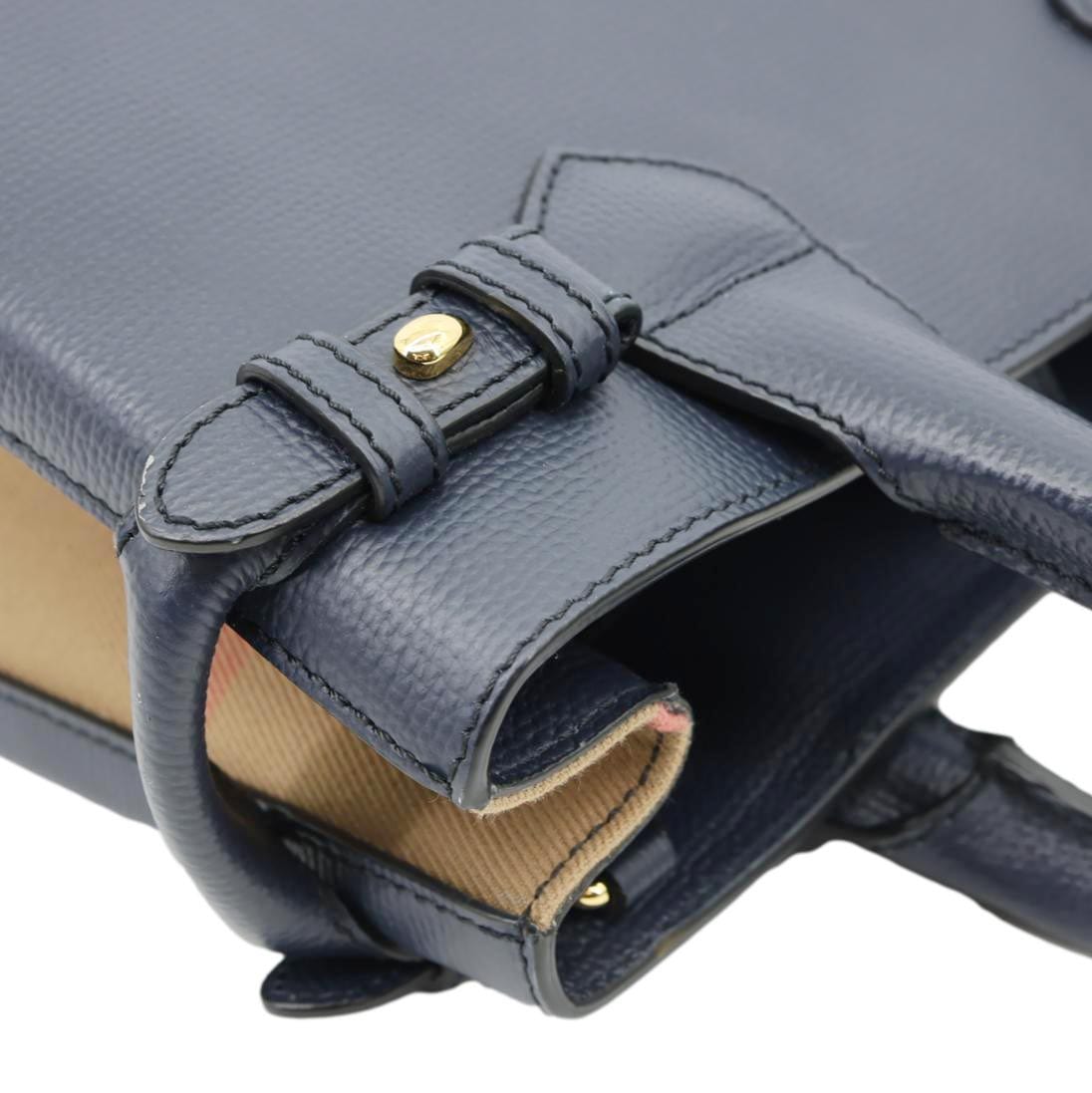 BURBERRY Banner Small House Check Leather Tote Bag Navy Blue
