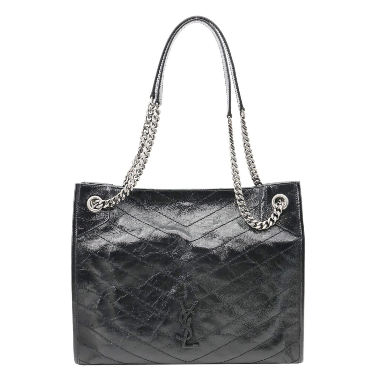 YVES SAINT LAURENT Niki Medium Crinkled Leather Shopping Tote Bag Black