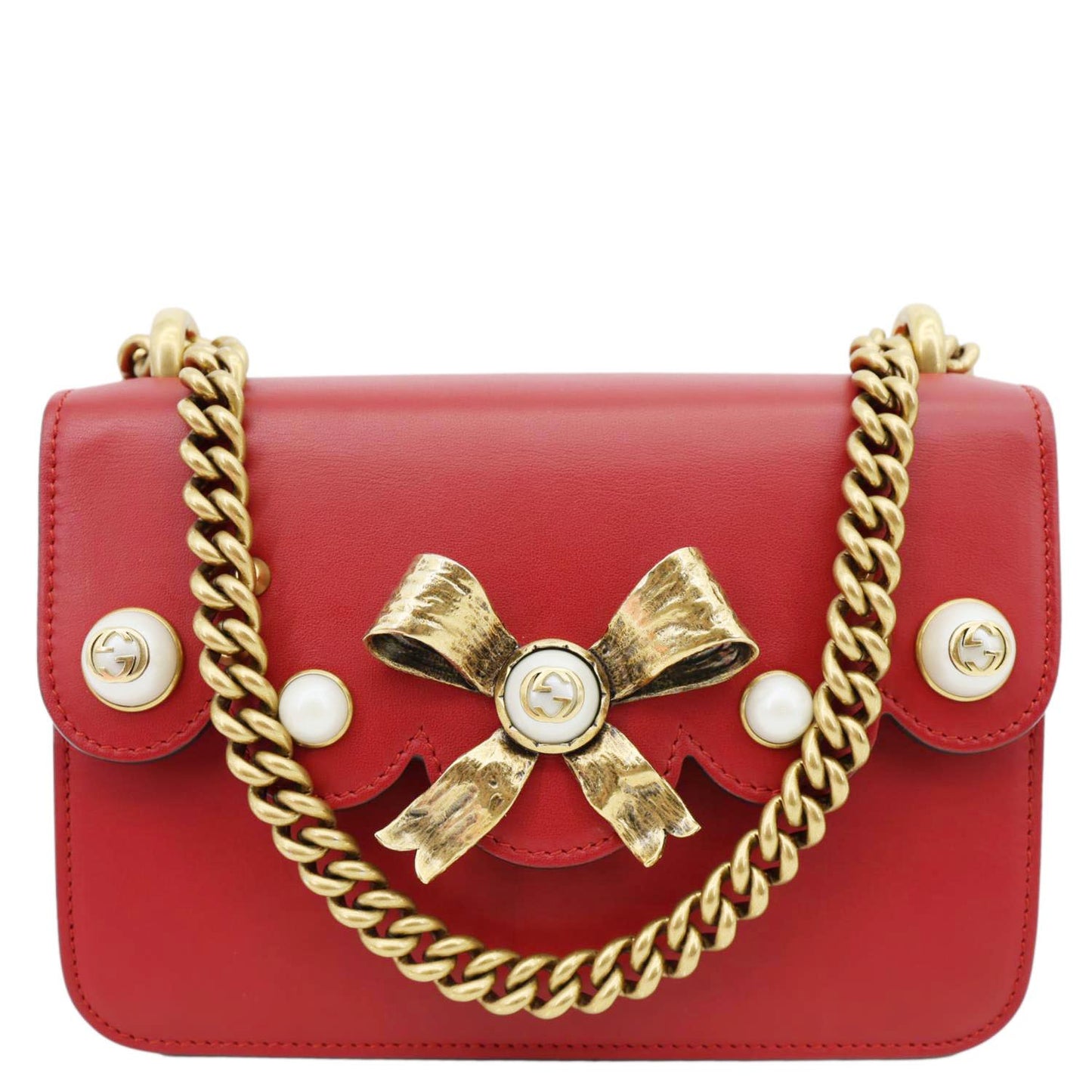 GUCCI Pearly Peony Leather Chain Shoulder Bag Red 432281