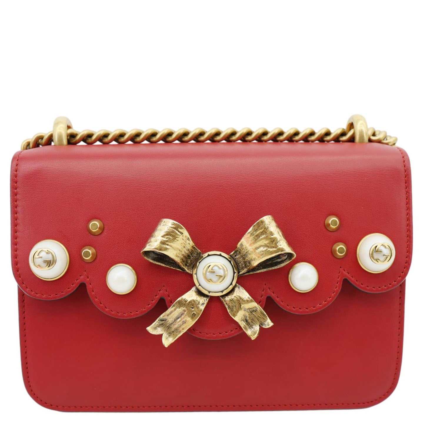 GUCCI Pearly Peony Leather Chain Shoulder Bag Red 432281