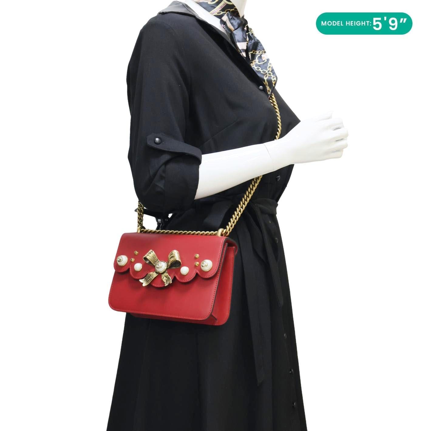 GUCCI Pearly Peony Leather Chain Shoulder Bag Red 432281